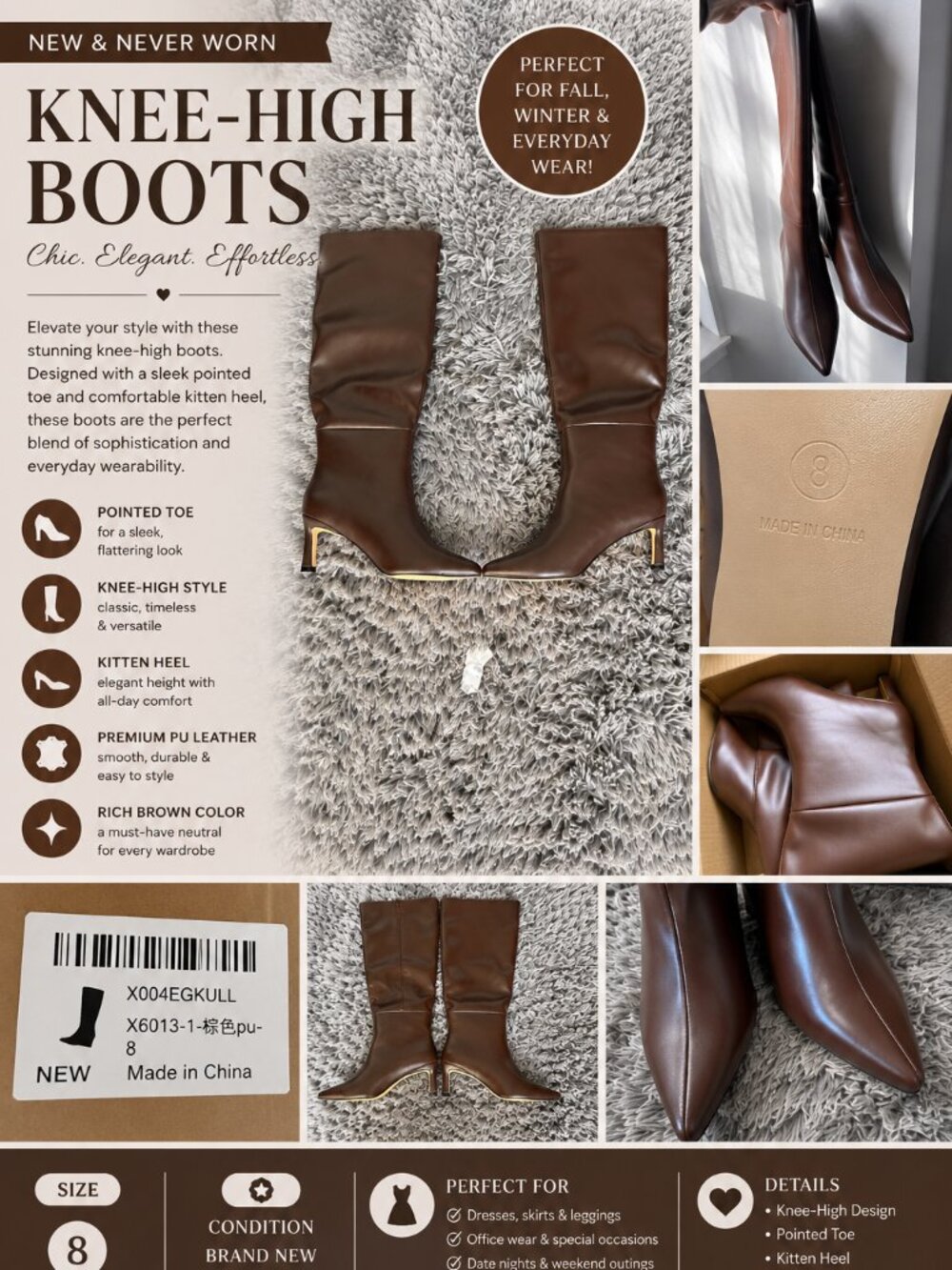 New Brown Knee High Pointed Toe Kitten Heel Boots Size 8
